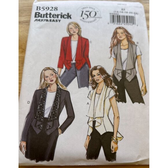 Butterick  Vest and Jacket Easy Sewing Pattern Sizes 14 - 22  New Uncut #B5928 - Picture 2 of 4